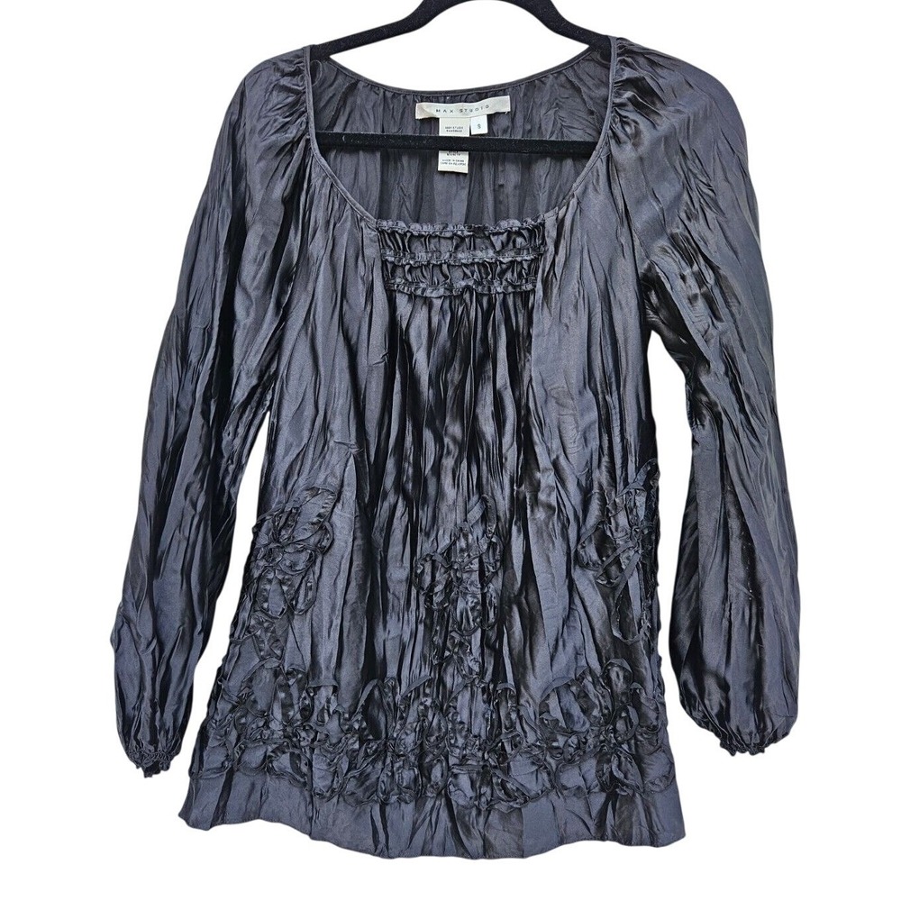 Vintage‎ Y2K Whimsigoth Dark Fairy Top S Square Neck Crinkle Satin Embroidered